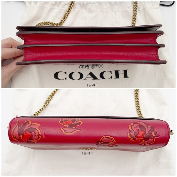 Coach Callie Foldover Chain Clutch With Floral Print Leather Red Apple - Picture 14 of 16